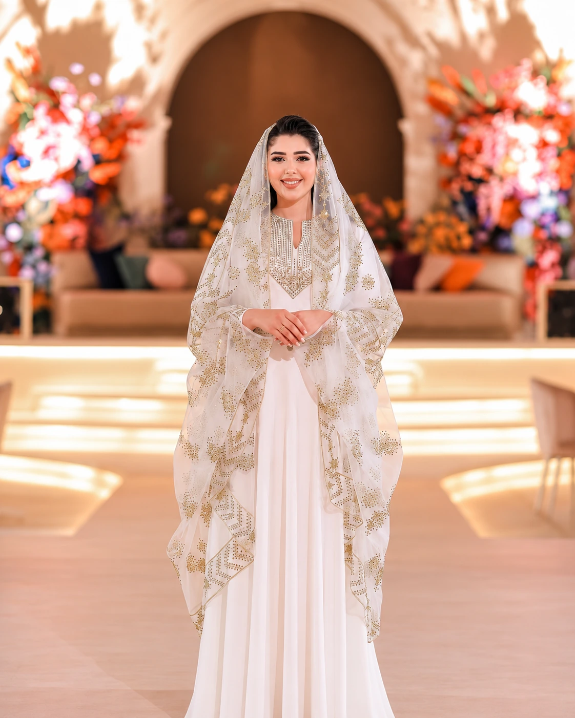 Bana Elayyan wearing Amjad Hamouri’s white henna dress and matching veil with gold embroidery.