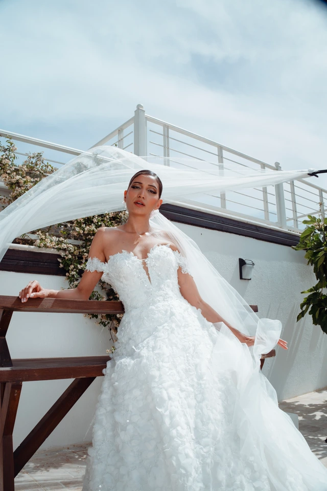White off-the-shoulder bridal gown with a textured full skirt and a long veil., photo 1