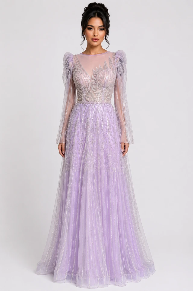 Lilac gown with sheer long sleeves, a decorated bodice and a full skirt., photo 1