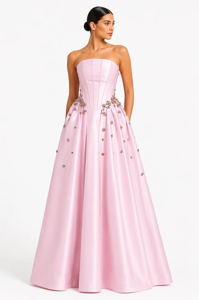Pink strapless gown with a full skirt and floral decoration at the waist., photo 1