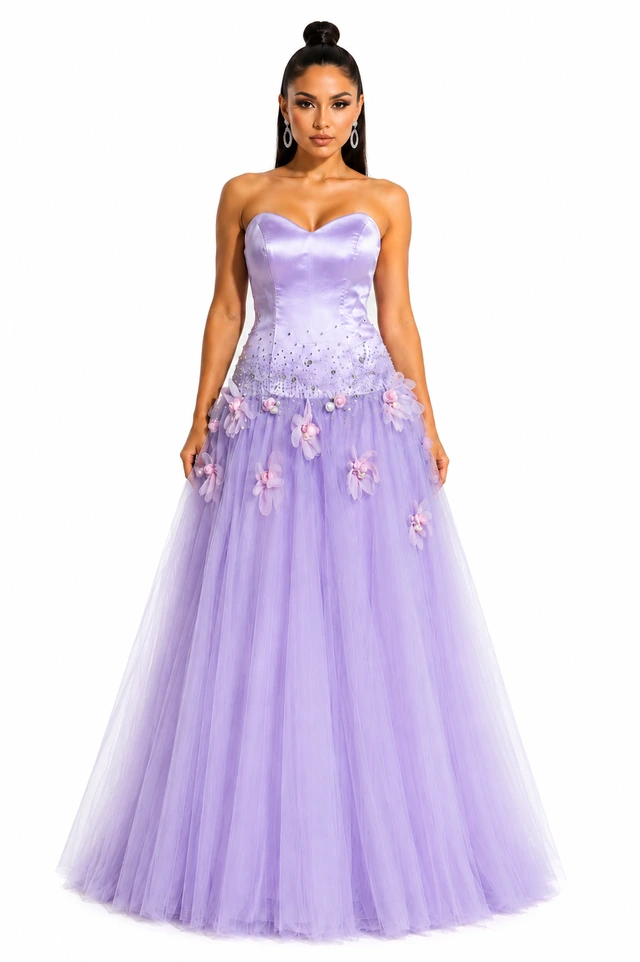 Lilac strapless gown with a sweetheart neckline and floral waist details., photo 1