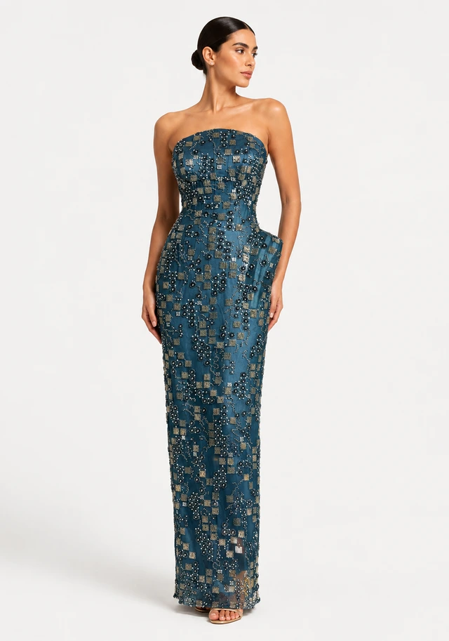 Teal strapless column gown with all-over shimmering decoration., photo 1
