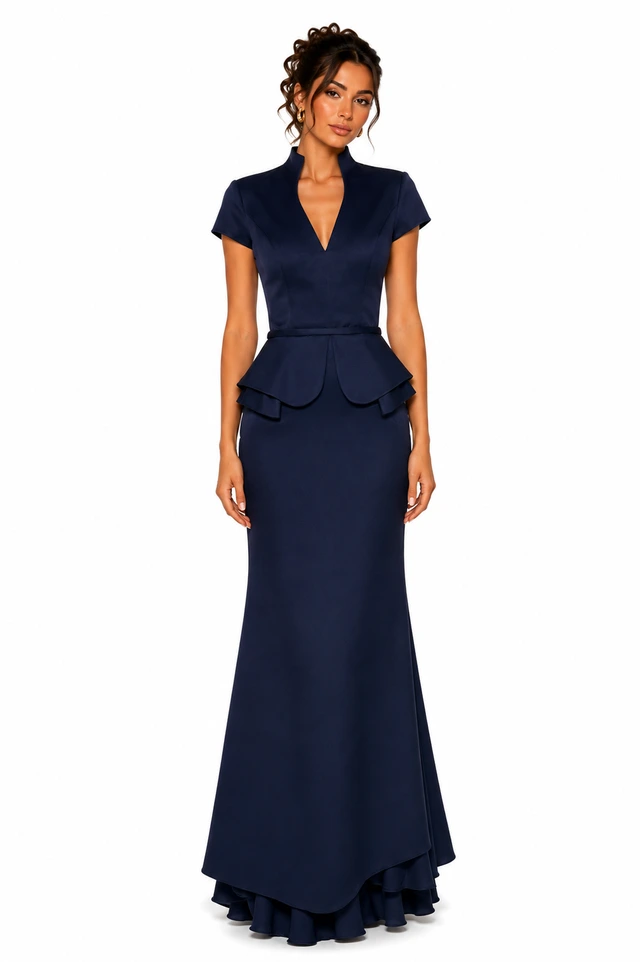 Navy gown with short sleeves, a plunging neckline and a fitted waist., photo 1