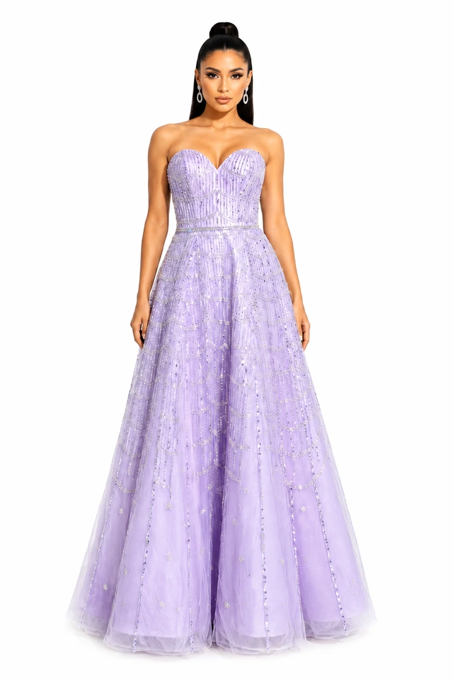 Lilac strapless gown with a fitted bodice and a full, shimmering skirt., photo 1