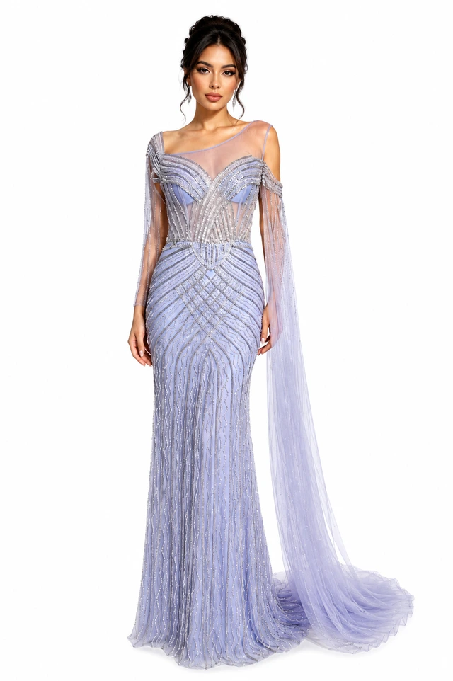 Pale-lilac gown with diagonal decoration and long sheer shoulder drapes., photo 1