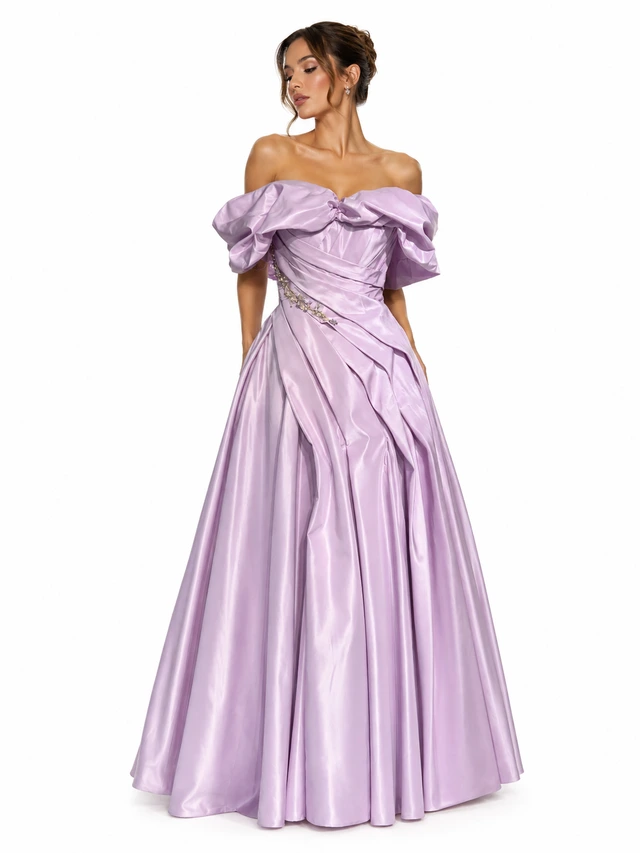 Lilac gown with a folded off-the-shoulder neckline and a full pleated skirt., photo 1