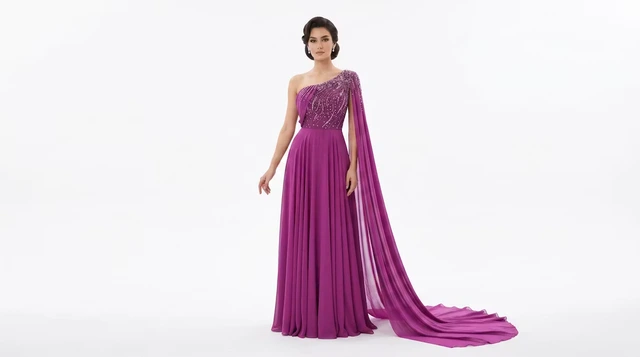 Deep-magenta one-shoulder gown with a decorated bodice and a long trailing shoulder drape.