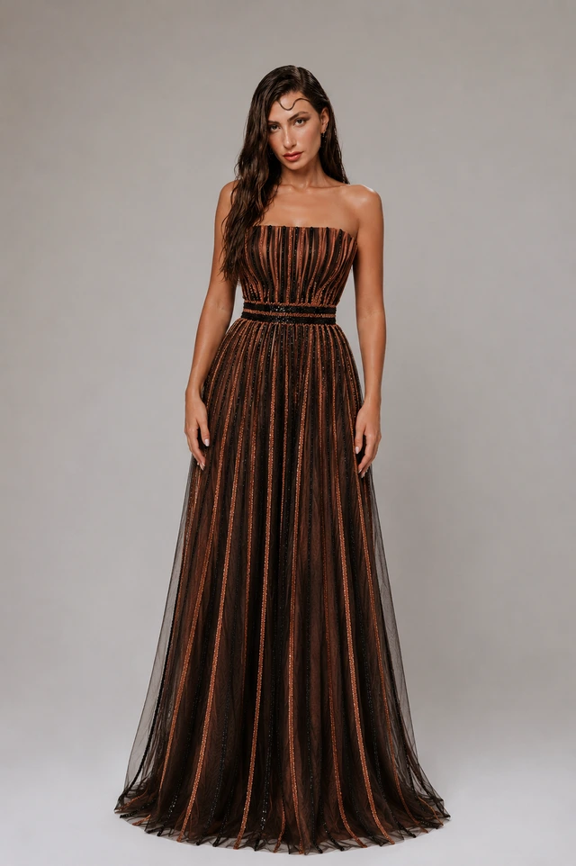 Dark-brown strapless gown with a pleated bodice and a full, flowing skirt., photo 1