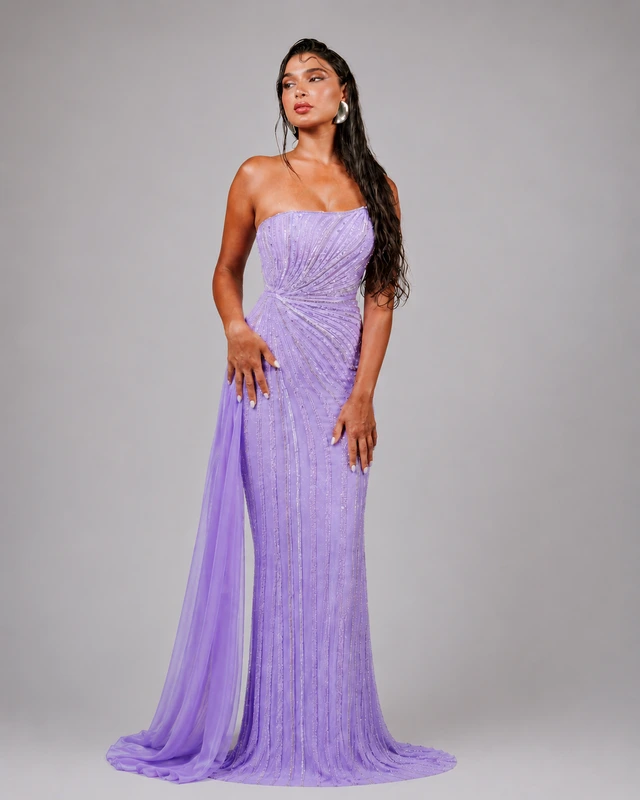 Lilac strapless gown with all-over textured decoration and a trailing skirt., photo 1