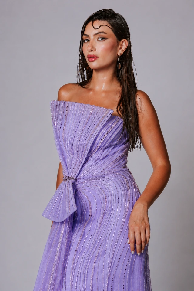 Lilac one-shoulder gown with diagonal pleats and a folded detail at the waist., photo 1
