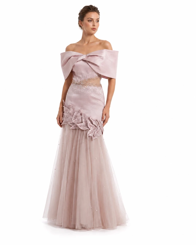Dusty-pink gown with folded off-the-shoulder detailing and a softly flared skirt., photo 1