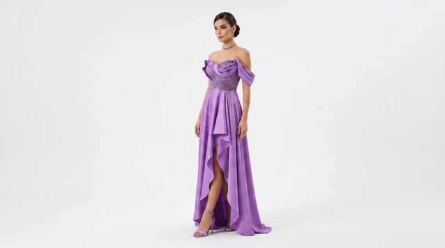 Purple off-the-shoulder gown with a draped skirt and thigh-high slit., photo 1