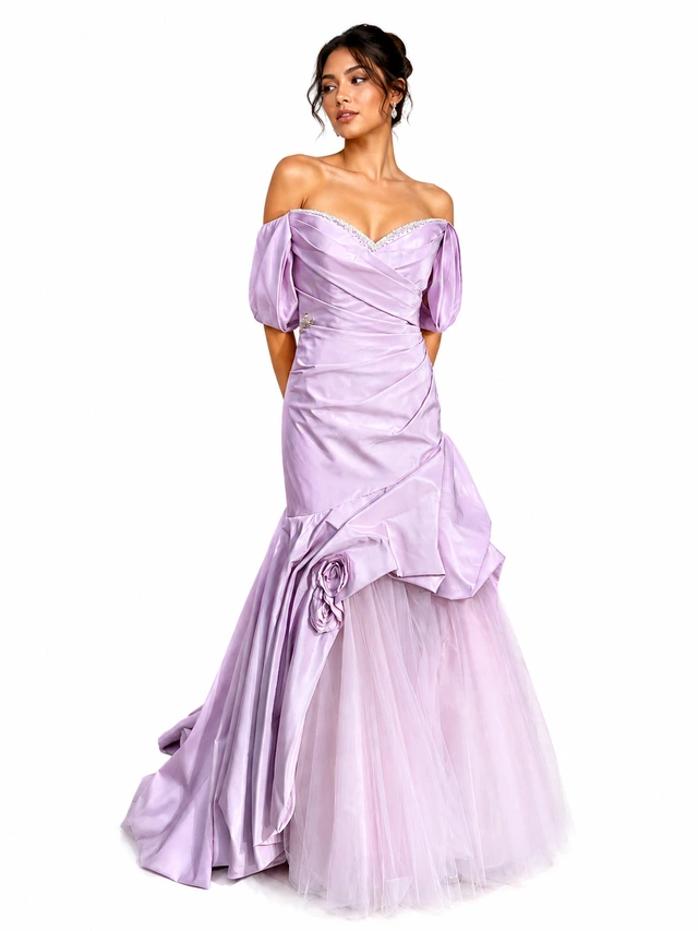 Lilac gown with draped off-the-shoulder sleeves and a layered, flared skirt., photo 1