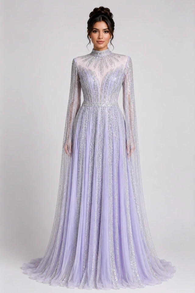 Pale-lilac gown with a high neckline, long sheer sleeves and a flowing skirt., photo 1